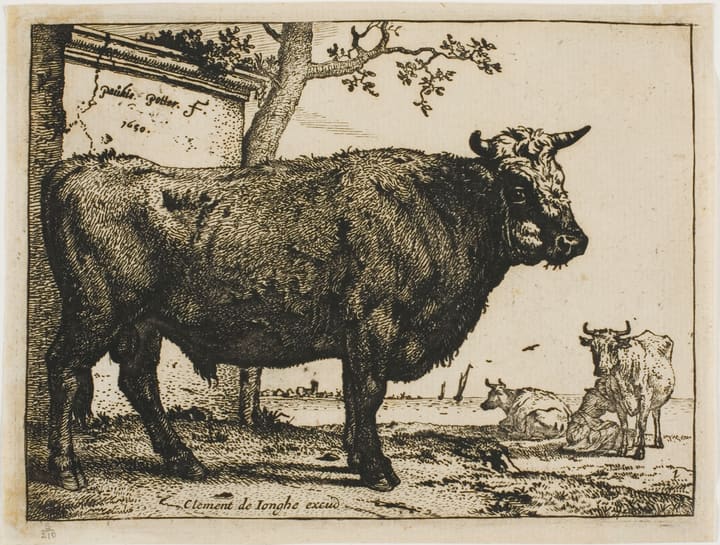 An etching of a bull standing in a pasture, with cattle resting behind it