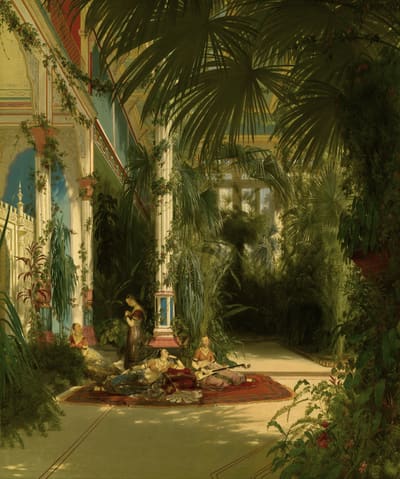 Nineteenth-century painting of a sunlit palm house with figures resting on a carpet