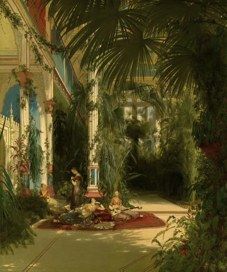 Nineteenth-century painting of a sunlit palm house with figures resting on a carpet