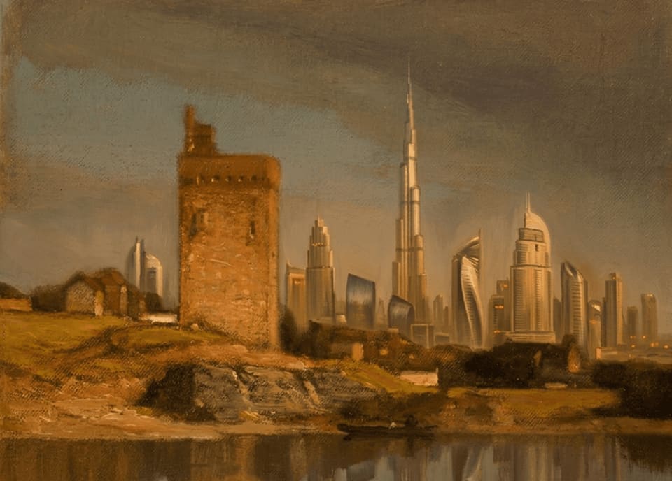 The Dubai skyline at sunrise reflected in still water, with the Burj Khalifa at its centre