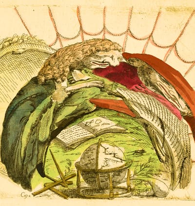 Hand-coloured engraving of a scholar leaning over a globe, an open book and charts