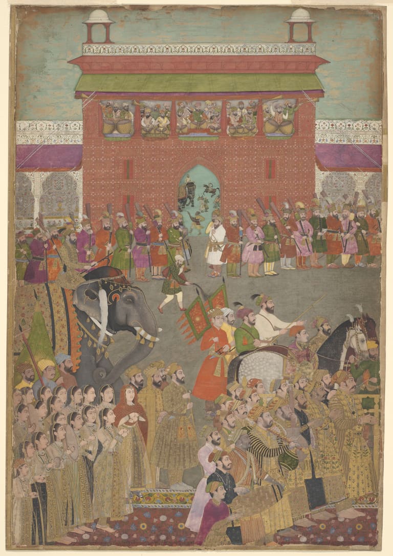 Mughal miniature painting of a royal procession with an elephant before a red palace gate