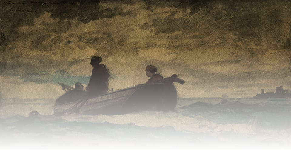 Painting of figures in a rowing boat on a grey, windswept sea