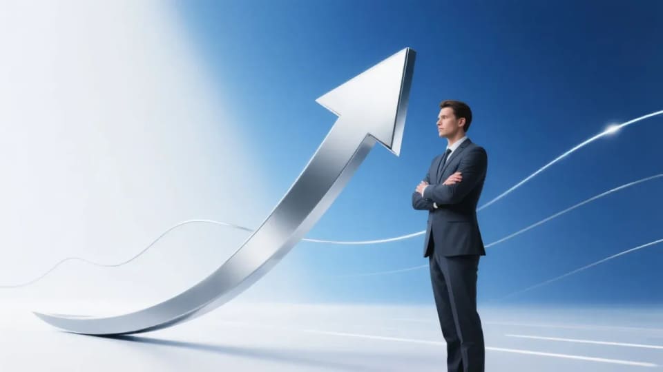 An investor standing beside a large upward arrow on a blue background, illustrating recovered income payments