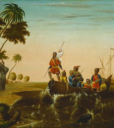 Painting of a party coming ashore from a boat onto a palm-lined tropical coast