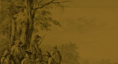 Sepia etching of travellers resting beneath a large tree