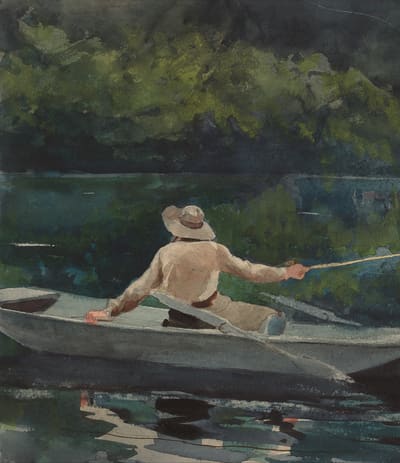 Watercolour of a lone angler fishing from a rowing boat on a calm, wooded lake