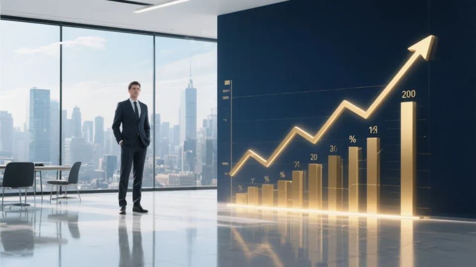An investor in an office tower looking at a rising bar chart with an upward arrow, illustrating stepped growth