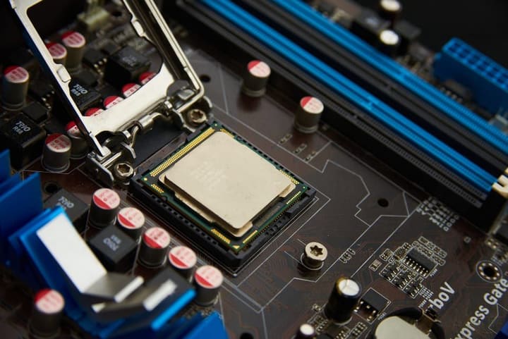 A processor seated in its socket on a computer motherboard